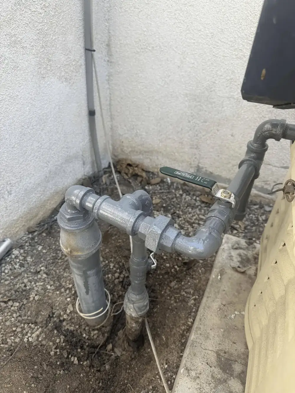 Completed pool gas line repair — new galvanized pipe