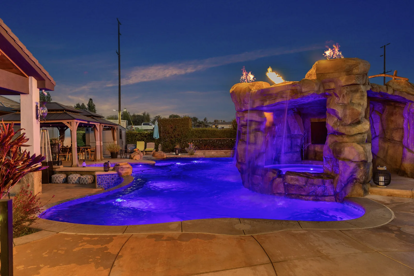 Pool at night with blue LED lighting