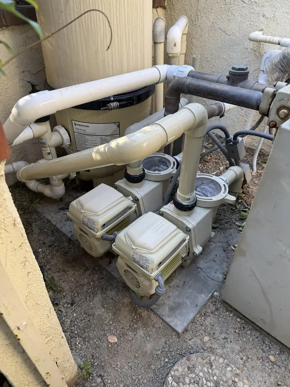 Dual pump install on tight pool equipment pad — No Excuses Pool Service