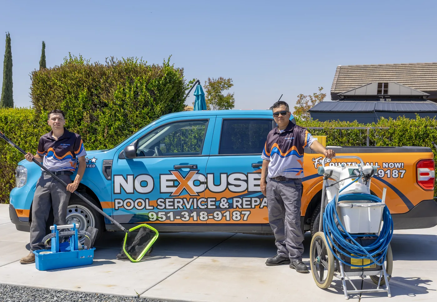 Jose and Ceegan — No Excuses Pool Service team with truck