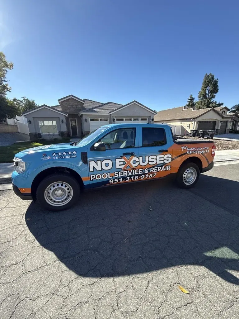 No Excuses Pool Service truck wrap Riverside CA — pool service and repair